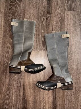 SOREL Slimpack Tall Riding Boots - RARE! Shale Grey / Brown Sz 7